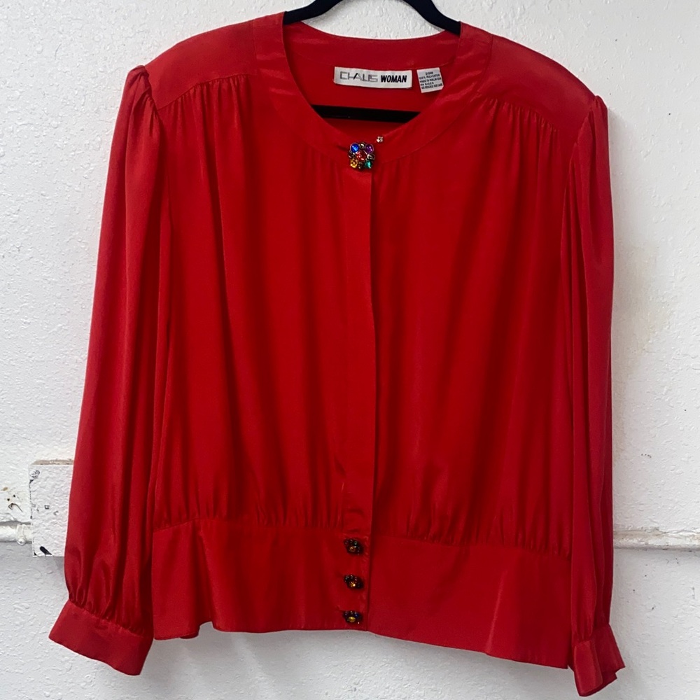 Vintage 80s - Chaus Woman- silky Red Glam Button-Up Blouse